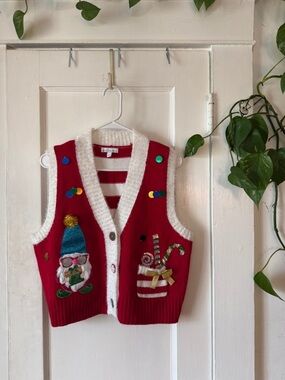 Jolly Sweaters size L Festive Red Holiday Vest with Santa and Candy Motifs